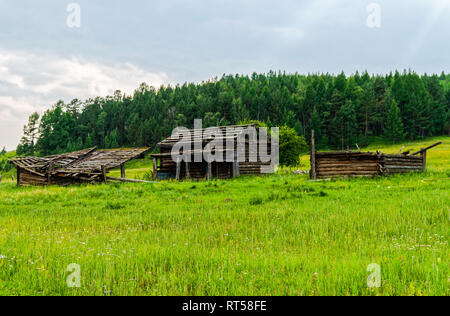 A sample of wooden architecture in the Baikal village. Wood construction. Stock Photo