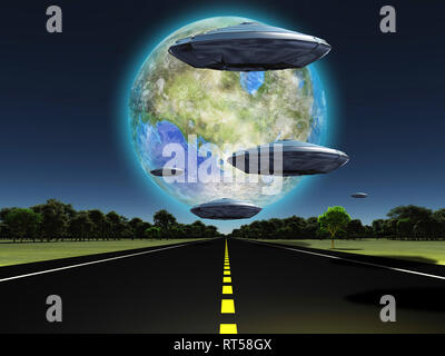 Terraformed moon seen from Earth. Flying saucers over the highway. Stock Photo