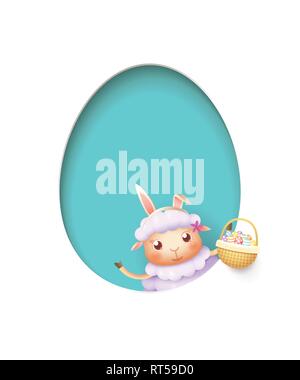 Easter lamb in a egg shaped blue hole with a basket filled with decorated eggs - isolated on white Stock Vector