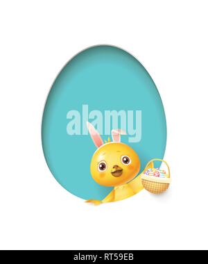 Easter chicken in egg shaped blue hole with a basket filled with decorated eggs - isolated on white Stock Vector