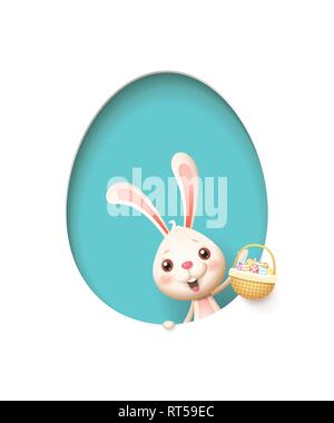 Easter bunny in a egg shaped blue hole with a basket filled with decorated eggs - isolated on white Stock Vector