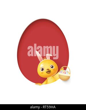 Easter chicken in egg shaped red hole with a basket filled with decorated eggs - isolated on white Stock Vector