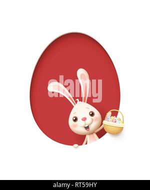 Easter bunny in a egg shaped red hole with a basket filled with decorated eggs - isolated on white Stock Vector