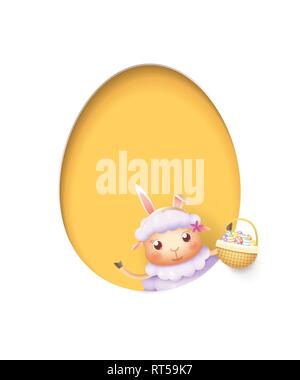 Easter lamb in a egg shaped yellow hole with a basket filled with decorated eggs - isolated on white Stock Vector