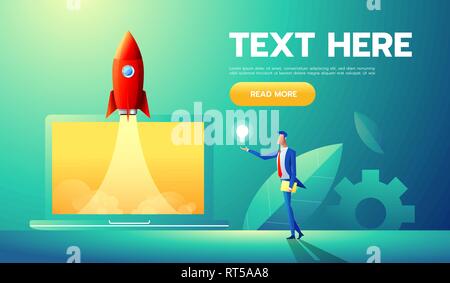 space shuttle launch outside notebook screen with businessman. Concept of business start-up. vector art and illustration paper. Stock Vector
