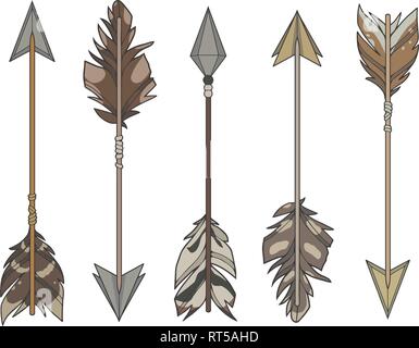 Cartoon style illustration vector set of different target arrows decorated with natural bird feathers Stock Vector