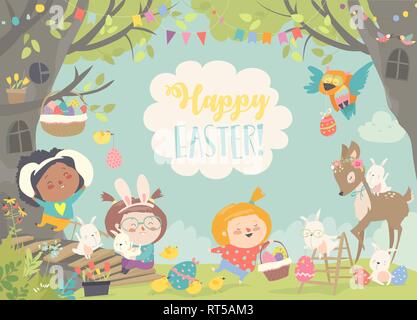 Happy children and animals celebrating Easter in the forest Stock Vector