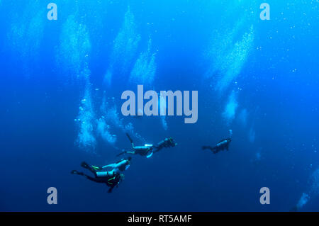 Divers with bubbles in water column.  Red Sea, Egypt. Stock Photo