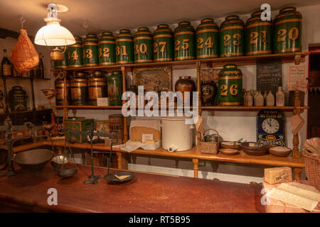 Inside the Thomas Ambler's grocers shop in Kirkgate, a recreated Victoria street in the York Castle Museum, York, Yorkshire, UK. Stock Photo