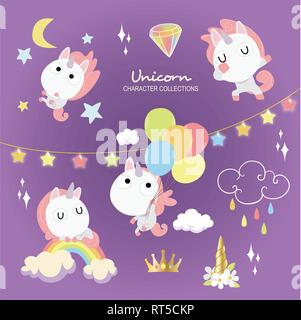 Flying Unicorn Fantasy In The Purple Sky Stock Vector