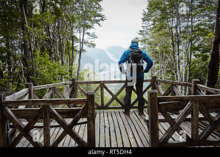 Chile, Chaiten, Parque Pumalin, man standing on observation deck looking at glacier Stock Photo