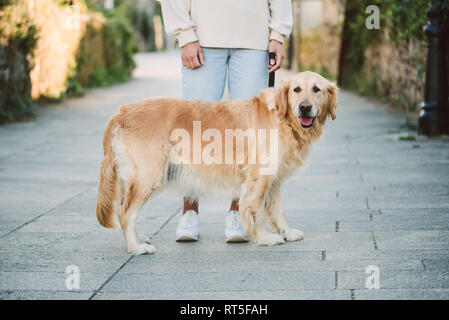 Woman with her golden retriever dog on a path Stock Photo