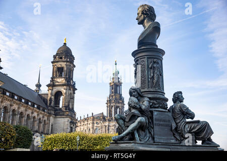 Germany, Dresden, Higher Regional Court, Dresden Cathedral and monument of Ernst Rietschel Stock Photo