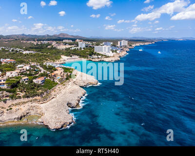 Spain, Baleares, Mallorca, Porto Colom, Aerial view of Cala Tropicana and Cala Domingo Stock Photo