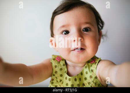 Portrait of baby girl stretching out her arms on white background Stock Photo