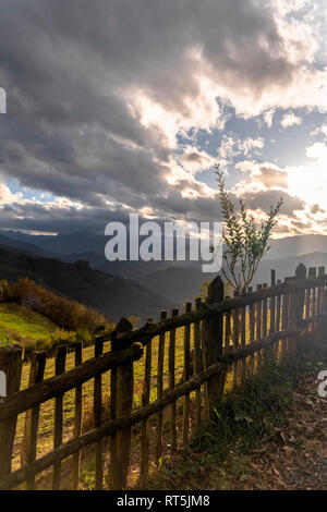 Spain, Asturias, Mountain landscape against the sun Stock Photo