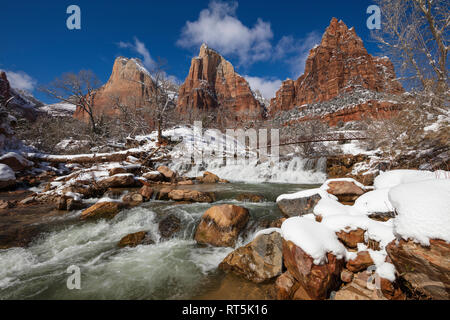 Waterfall on the Virgin River at Court of the Patriarchs after a winter storm, Zion National Park, Utah Stock Photo
