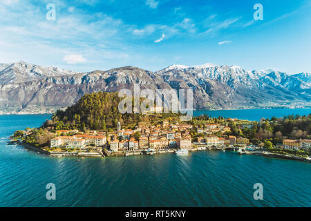 Italy, Lombardy, Aerial view of Bellagio and Lake Como Stock Photo