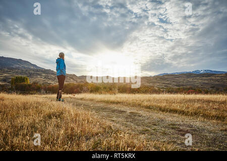 Chile, Valle Chacabuco, Parque Nacional Patagonia, woman standing in steppe landscape at sunset Stock Photo