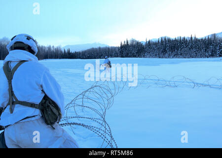 Paratroopers with 2nd Battalion, 377th Parachute Field Artillery Regiment, 4th Infantry Brigade Combat Team (Airborne), 25th Infantry Division, U.S. Army Alaska, set up Concertina wire during artillery training at Joint Base Elmendorf-Richardson, Alaska, Feb. 27, 2019. Paratroopers use the wire to set up defensive perimeters around their firing positions. (U.S. Army photo by Sgt. Alex Skripnichuk) Stock Photo