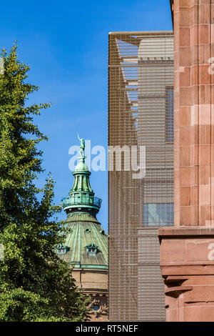 Germany, Mannheim, part of facade of new built art gallery and water tower in the background Stock Photo