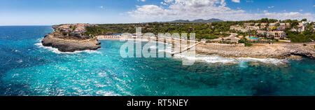 Spain, Baleares, Mallorca, Porto Colom, Aerial view of Cala Tropicana and Cala Domingo Stock Photo