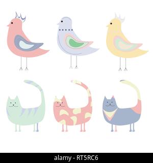 set of cute, pink blue yellow green cats and birds Stock Vector