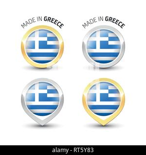 Made in Greece - Guarantee label with the Greek flag inside round gold and silver icons. Stock Vector