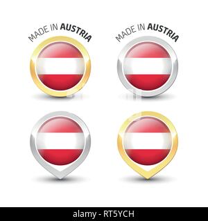 Made in Austria - Guarantee label with the Austrian flag inside round gold and silver icons. Stock Vector