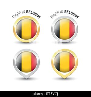 Made in Belgium - Guarantee label with the Belgian flag inside round gold and silver icons. Stock Vector