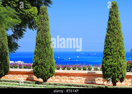 Beautiful cypress trees and flowers in the Bahai gardens overlooking the Mediterranean sea, Haifa, Israel Stock Photo