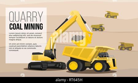 quary coal mininig  concept  haul heavy duty  truck loading from excavator  coal mining industry flat style illustration best for web and presentation Stock Vector