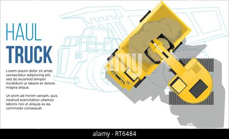 industrial transportation concept haul truck loading from excavator top aerial view with truck Engineering line drawings illustration best for web and Stock Vector