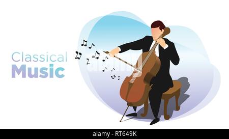 classsical music concept man sit and playing cello with shadow and vibrant asimetric background illustration with text best for presentation and web Stock Vector