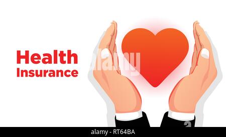 health insurance concept two hands protect heart live illustration with text best for presentation and web Stock Vector