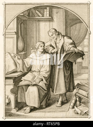 Martin Luther and Philipp Melanchthon during the translation of the Bible. Illustration from: 'Dr. Martin Luther the German Reformer', illustrated by Gustav König, published by Rudolf Besser, Gotha, 1850th., Additional-Rights-Clearance-Info-Not-Available Stock Photo