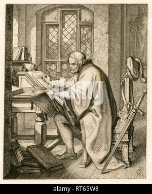Martin Luther started his translation of the Bible on the Wartburg. Illustration from: 'Dr. Martin Luther the German Reformer', illustrated by Gustav König, published by Rudolf Besser, Gotha, 1850th., Additional-Rights-Clearance-Info-Not-Available Stock Photo
