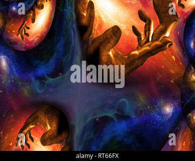 Surreal painting. Hand of God in endless universe. Stock Photo