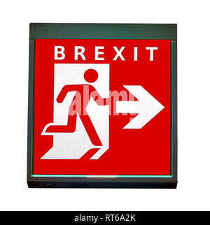 The emergency exit sign shows the direction of escape in case leave European Union. The board indicate way for Brexit isolated on white background. Stock Photo