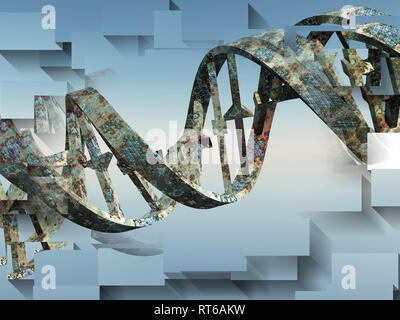 Surreal digital art. Damaged rusted DNA strands. Stock Photo