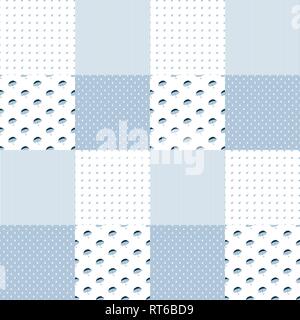 Vector patchwork pattern in blue colors with umbrellas, lines and water drops Stock Vector
