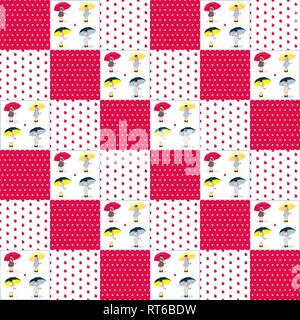 Vector patchwork pattern in red colors with girls, berries and dots Stock Vector