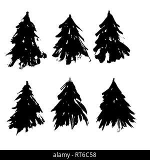 Set of fir tree silhouettes. Black grunge Christmas trees collection. Watercolor spruces isolated on white background. Vector illustration. Stock Vector