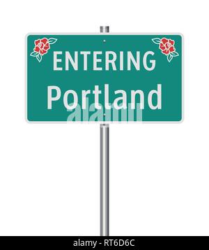 Vector illustration of the Entering Portland green road sign Stock Vector