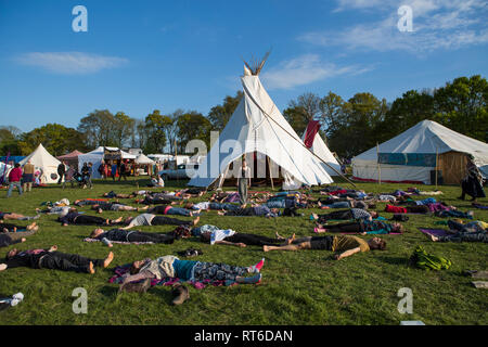 Yoga workshop at Beltane Fire Festival, Sussex, UK Stock Photo