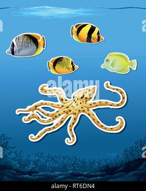 Sea creature sticket underwater background illustration Stock Vector