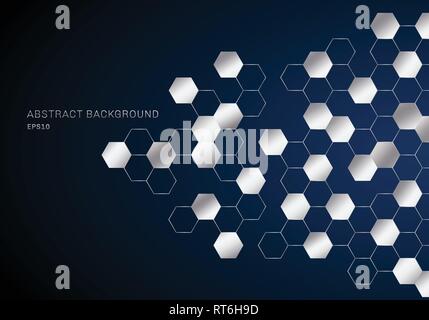 Abstract geometric hexagons pattern silver metal on dark blue background technology style. Vector illustration Stock Vector
