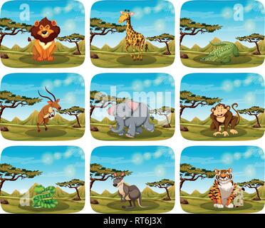 Set of different animals in scenes illustration Stock Vector