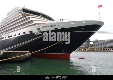 Cunard Line Queen Victoria cruise ship moored at the Overseas Passenger Terminal in Sydney, Australia. Stock Photo