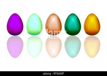 Collection of easter eggs on a white background. Realistic eggs in the shape of an ellipse with shadows. Five bird eggs isolated close up. Easter symb Stock Vector